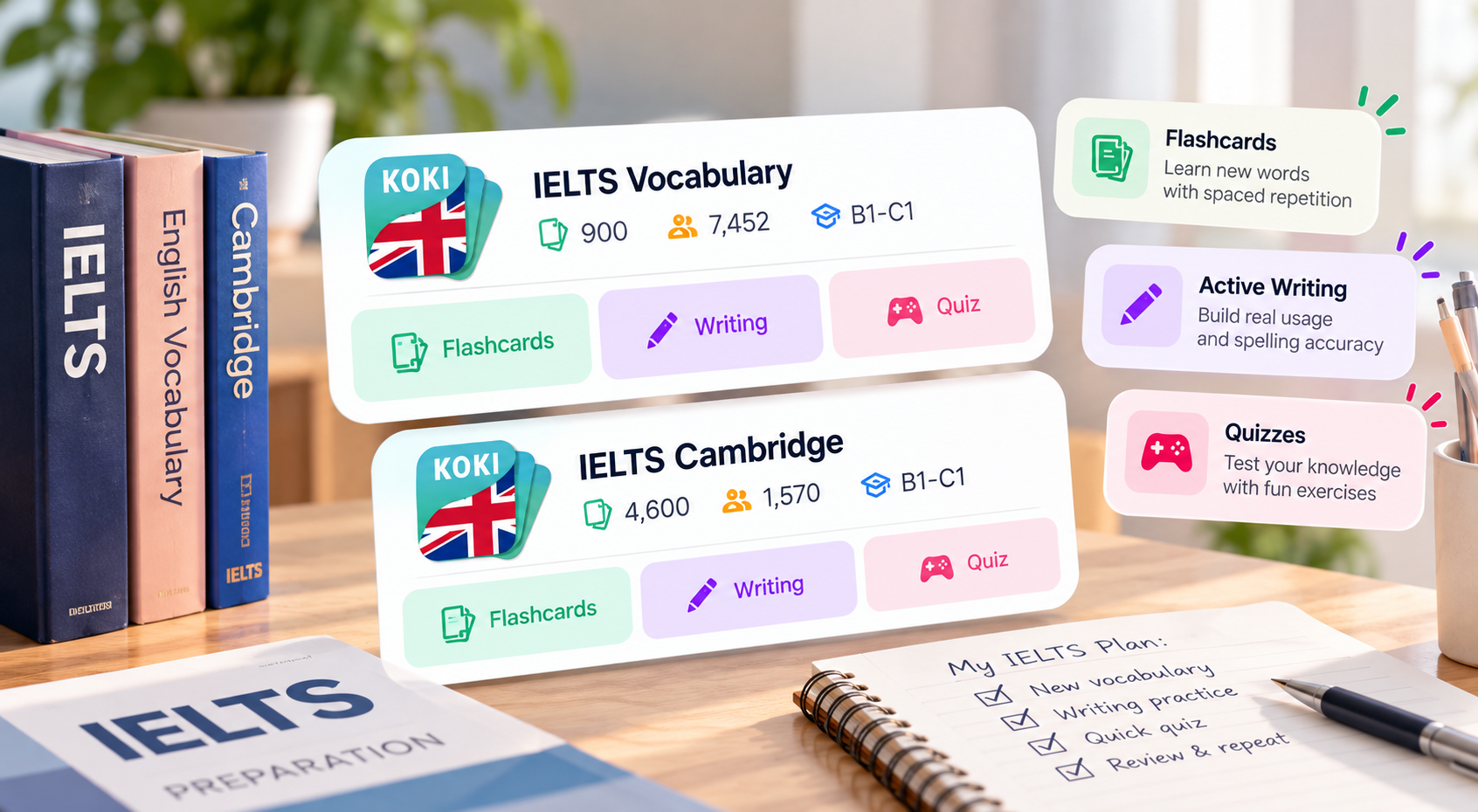 Master IELTS Vocabulary with Koki: From Flashcards to Active Writing & Quizzes